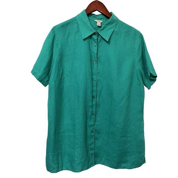 LL Bean Women's 100% Linen Button Up Shirt Size L Green Lagenlook Beachy - Picture 1 of 9